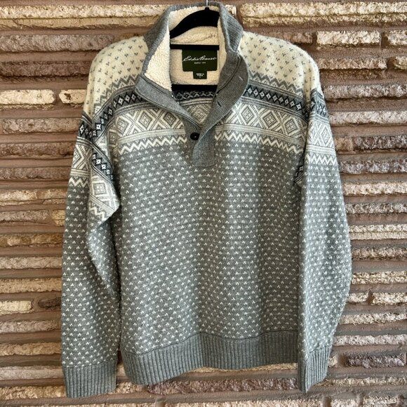 Eddie Bauer Men's Gray Fair Isle Chunky Knit Sherpa Lined Henley Sweater Size L - Picture 7 of 8